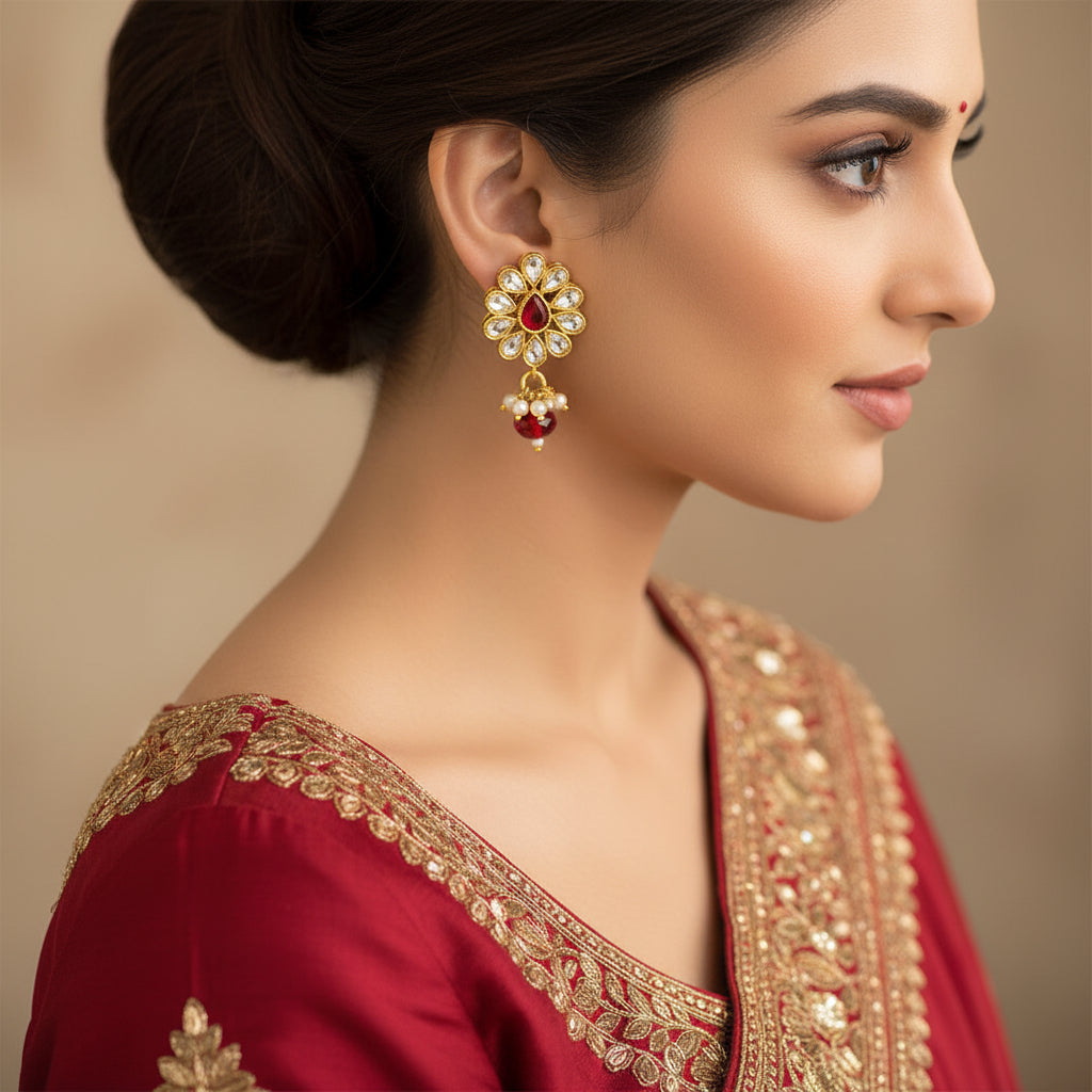 Gold earrings with red and white stones on a gray stand, branded 'SAHELI'.