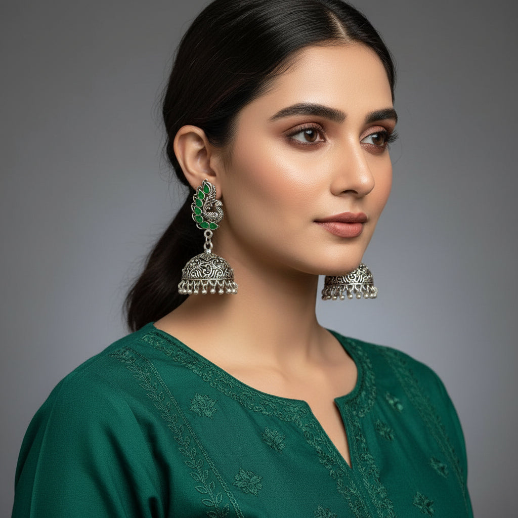 Silver and green earrings on a gray stand with 'Saheli' branding.