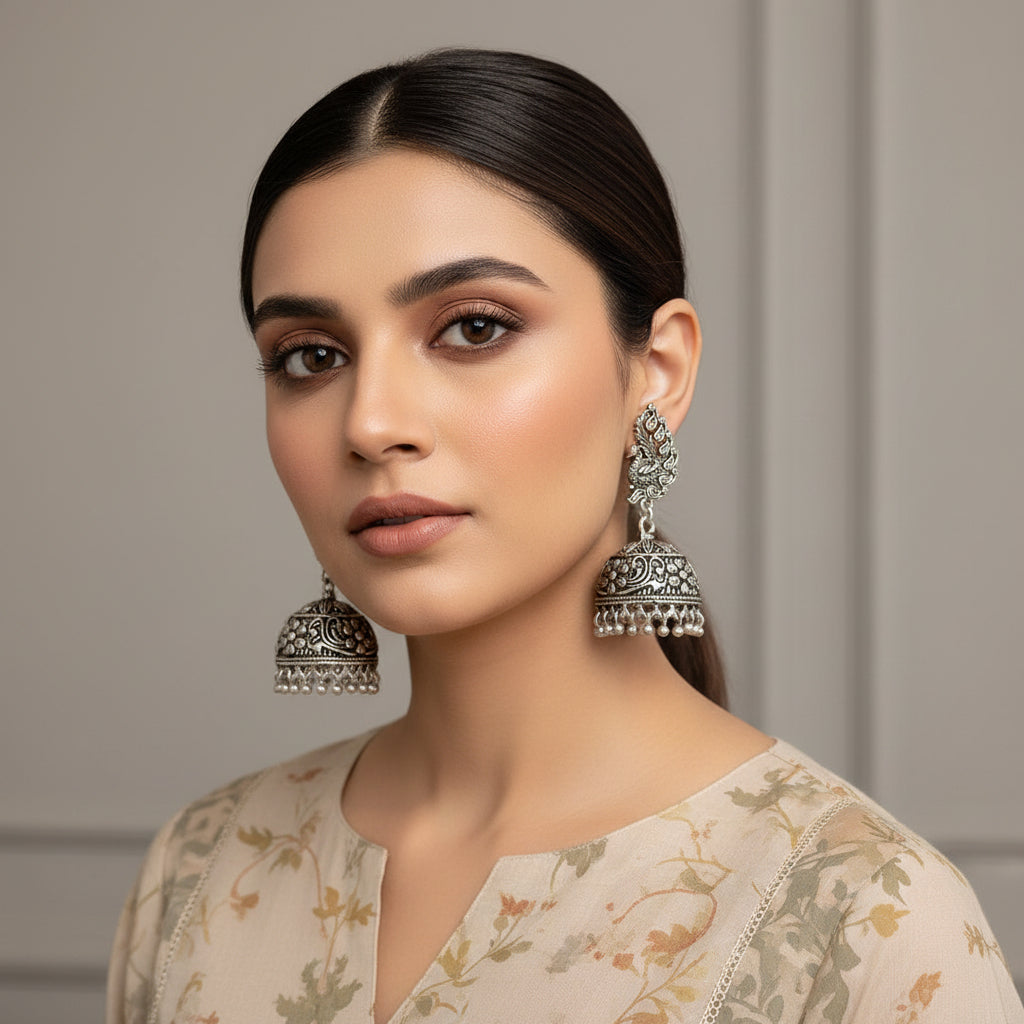 Silver jhumka earrings on a gray stand with 'SAHELI' branding.