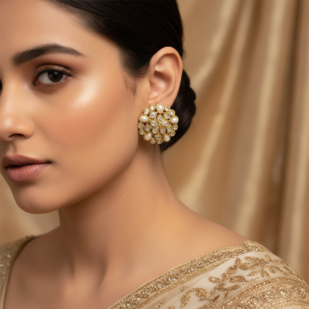 Gold and pearl earrings on a dark background with 'SAHELLI' branding.