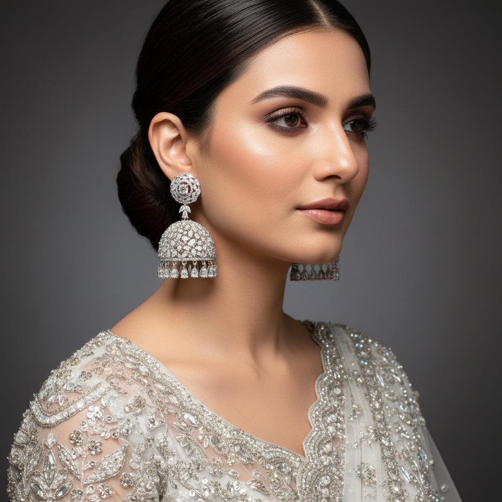Pair of silver earrings with intricate designs on a black background