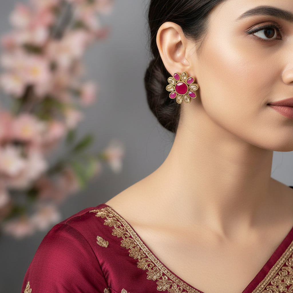 Pair of ornate earrings with pink and gold design on a gray background, featuring the brand 'Saheli'.
