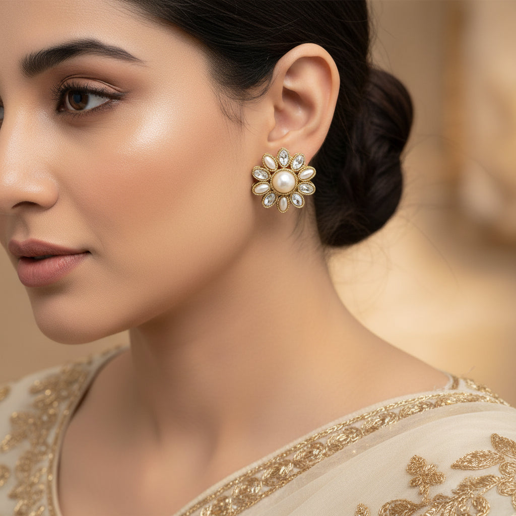 Pair of gold and pearl earrings on a dark background with 'Saheli' branding.
