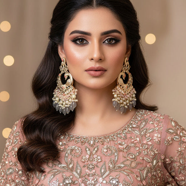 Ornate earrings with peacock design and pearl-like stones on a dark background
