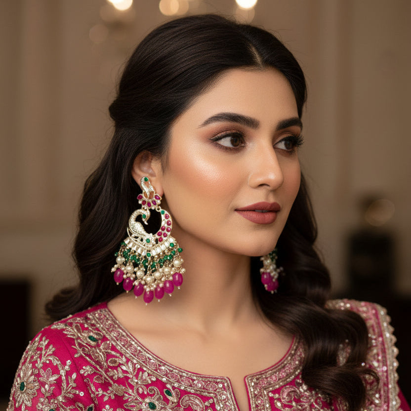 Ornate earrings with peacock design, pink and green gemstones on a dark background