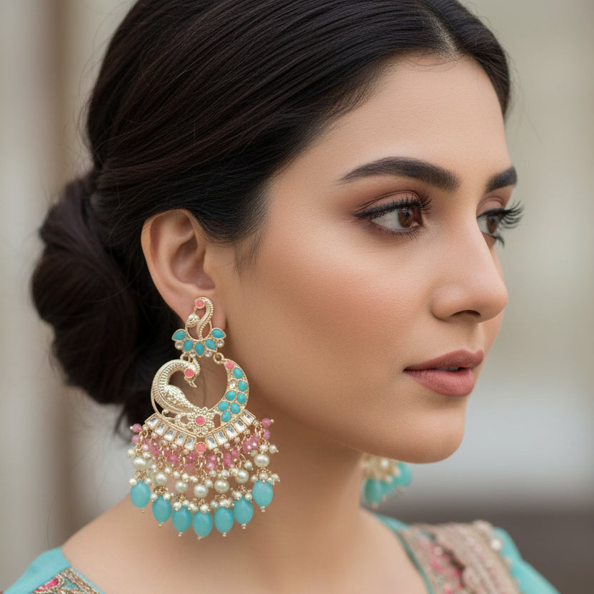 Ornate earrings with turquoise and pink stones on a dark background, branded 'SAHELI'.