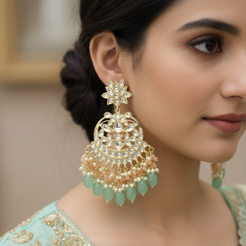 Pair of ornate earrings with green leaves on a black background
