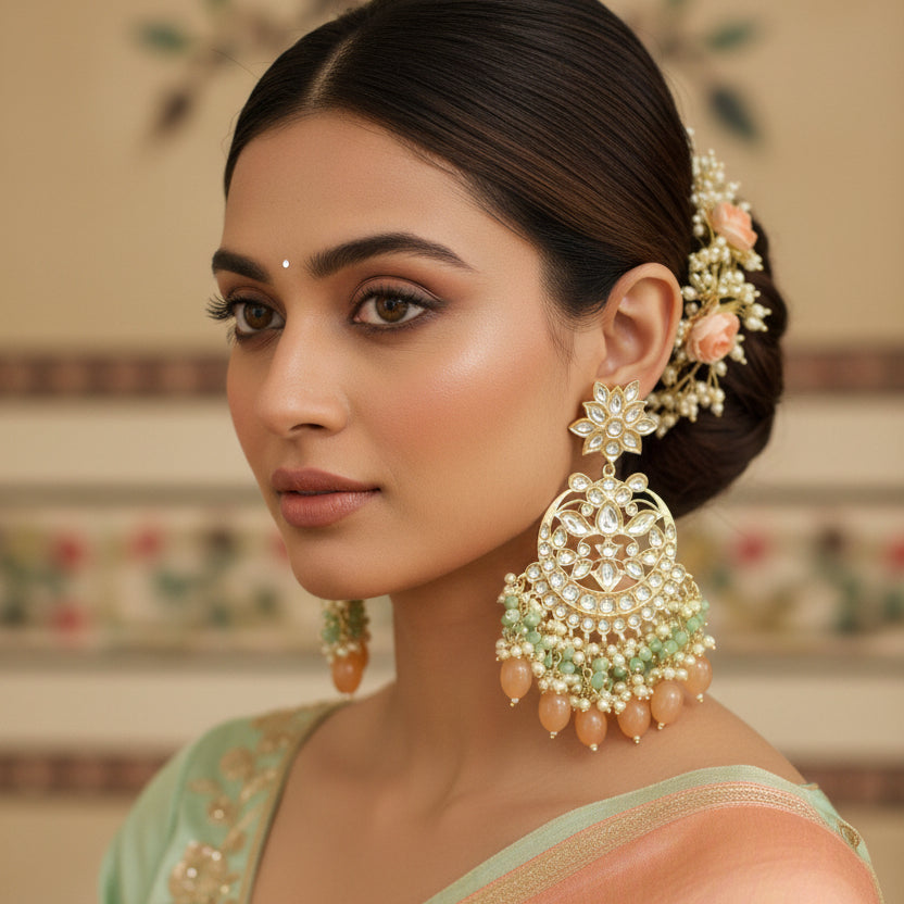 Pair of ornate earrings with gold, green, and orange stones on a dark background