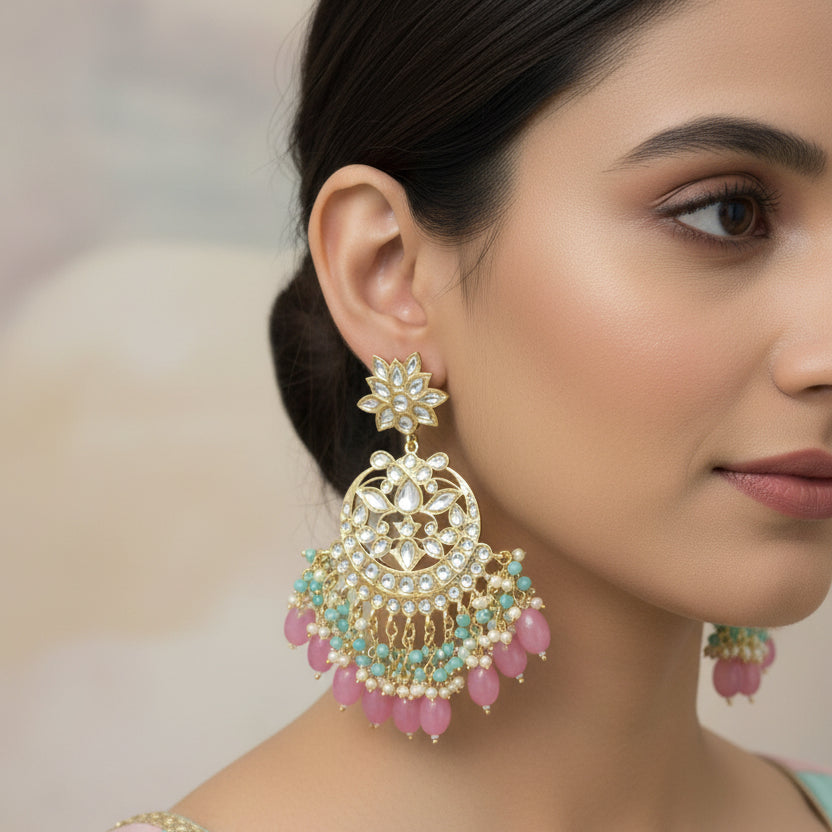 Pair of ornate earrings with pink and blue stones on a dark background