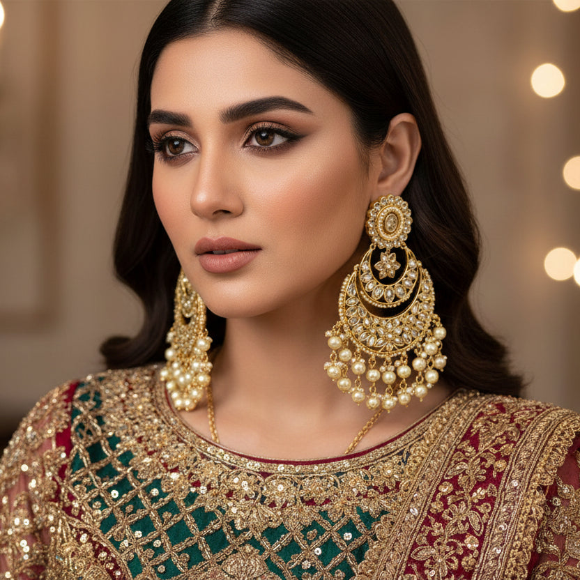 Pair of gold and pearl earrings on a dark background