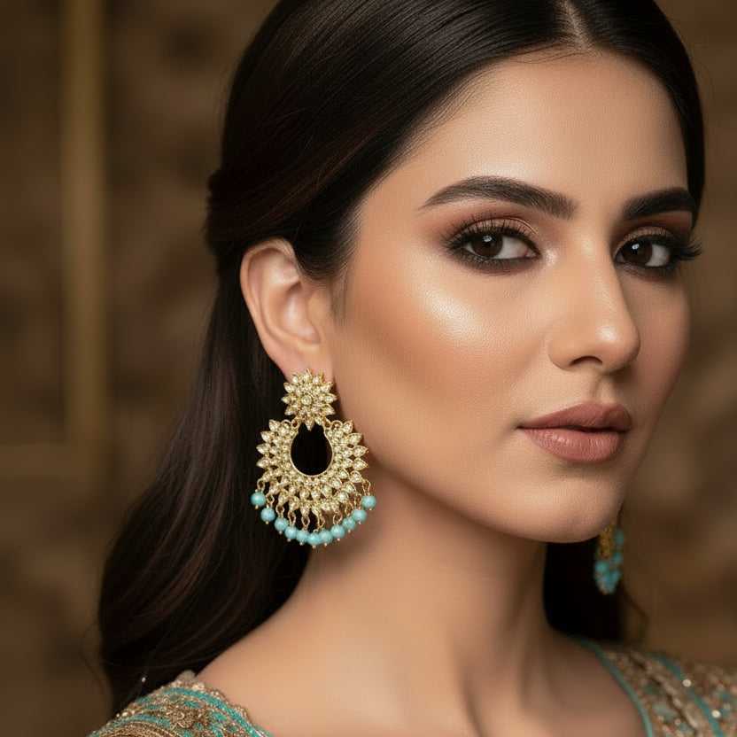 Gold and turquoise earrings with 'SAHELI' branding on a dark background
