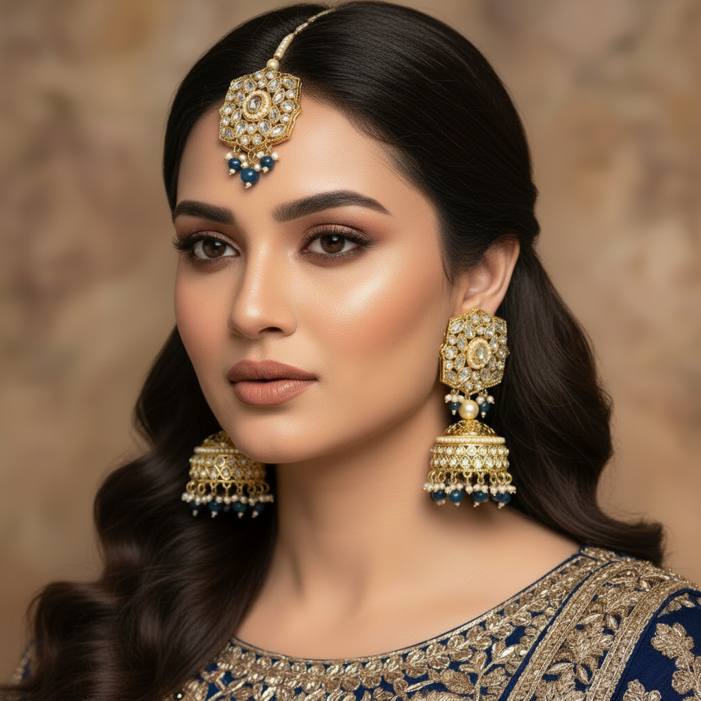 Ornate gold earrings with blue stones on a dark background, branded 'Saheli'.
