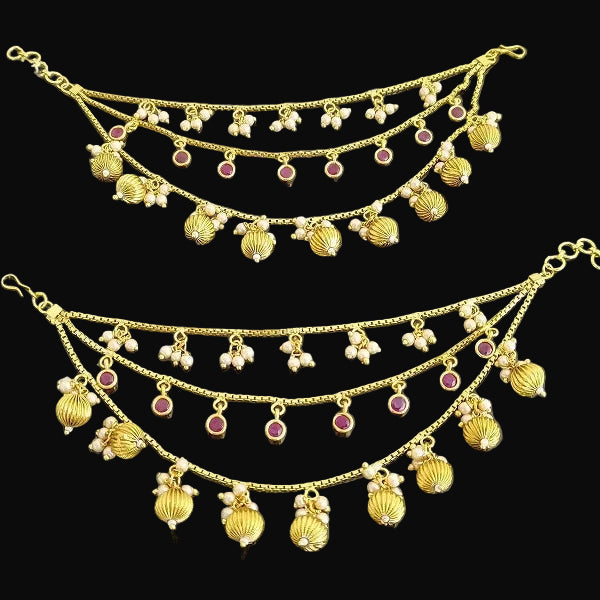 Gold anklets with shell and pearl designs on a dark background, branded 'Saheli'.