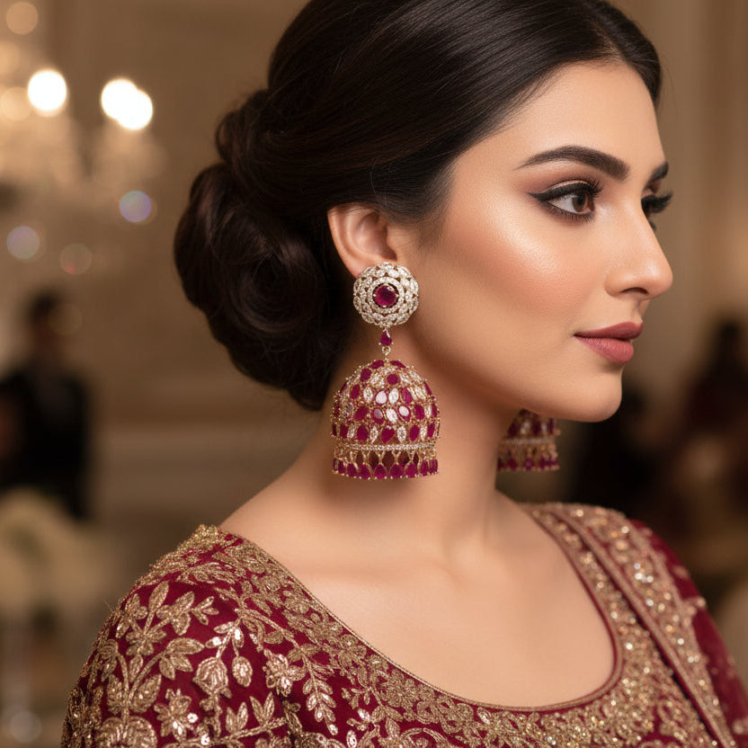 Pair of ornate earrings with red gemstones and gold accents on a black background