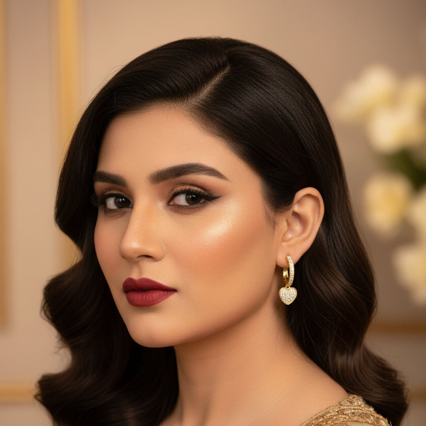 Gold heart-shaped earrings on a dark background