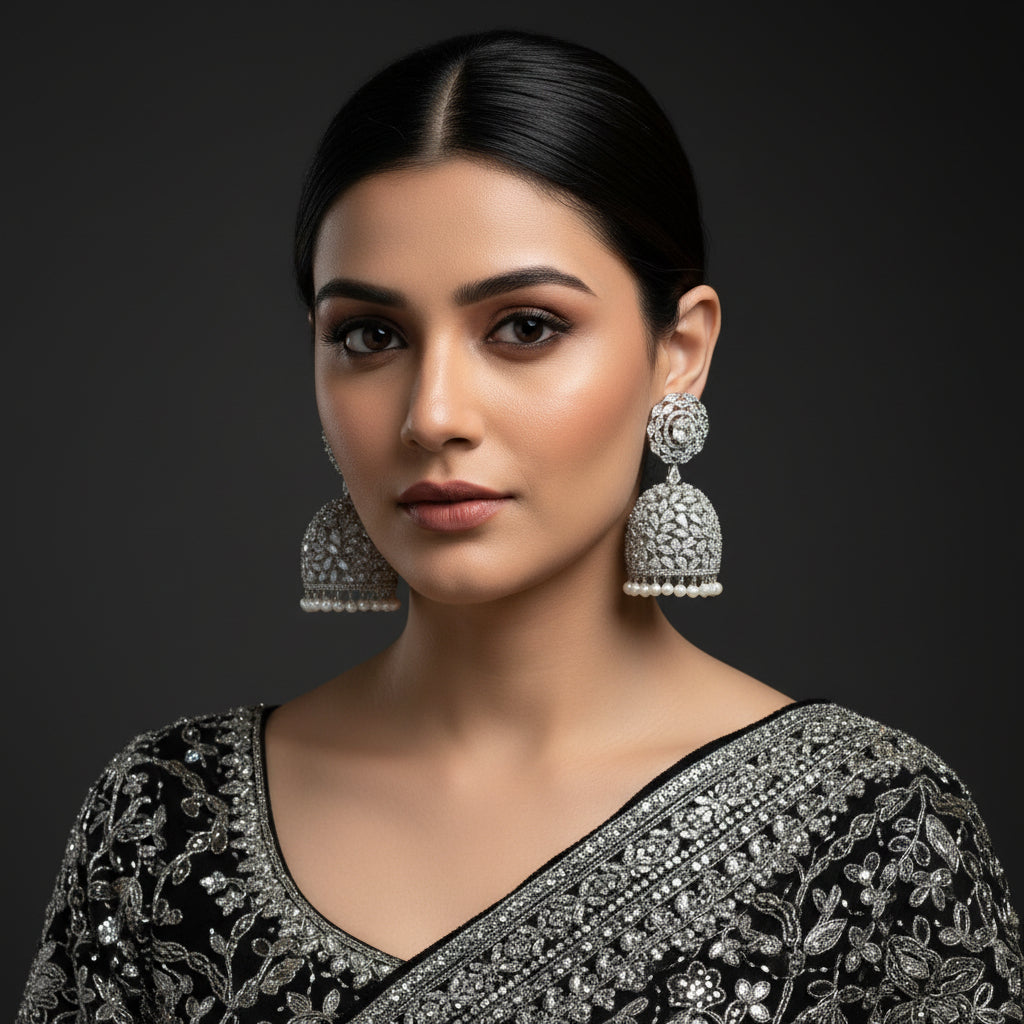 Silver earrings with intricate designs on a dark background, featuring the brand 'Saheli'.