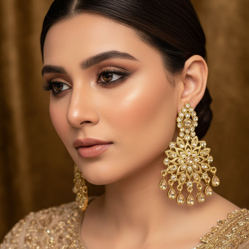 Gold earrings with intricate designs on a dark background, featuring the brand 'Saheli'.