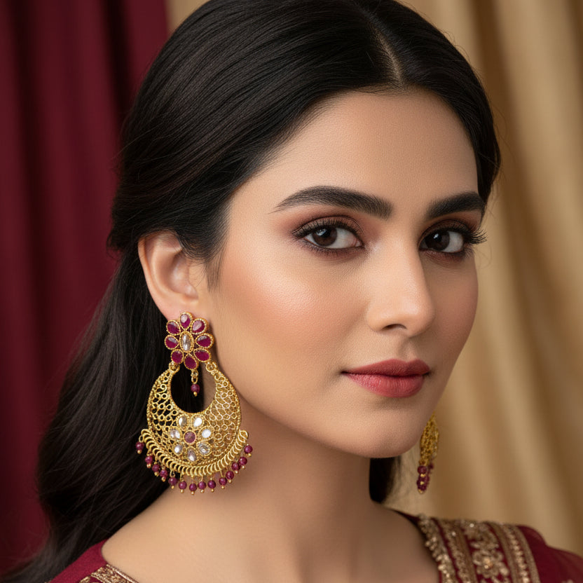 Ornate gold earrings with red stones on a dark background, featuring the brand 'Saheli'.