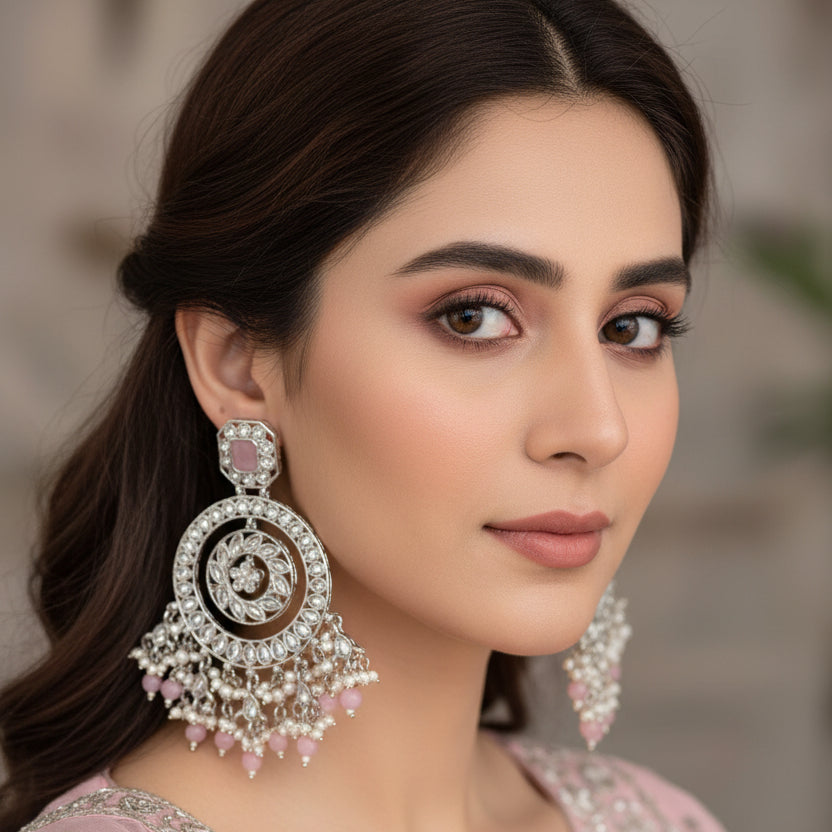 Pair of ornate earrings with pink beads on a dark background, branded 'Saheili'.