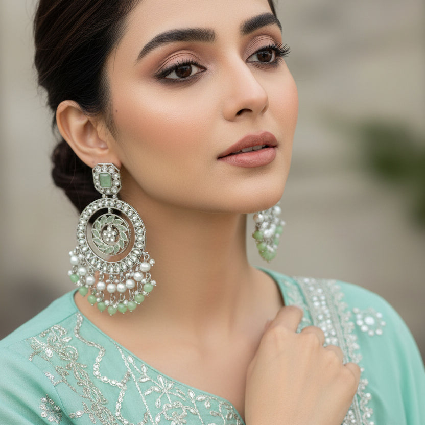 Pair of ornate earrings with green and white stones on a dark background, branded 'Saheli'.