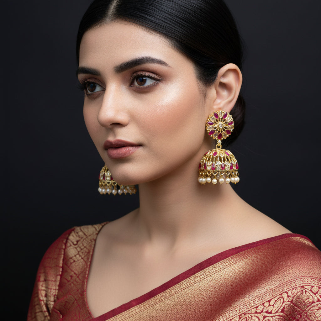 Ornate gold earrings with red and white stones on a dark background, featuring the brand 'Saheli'.