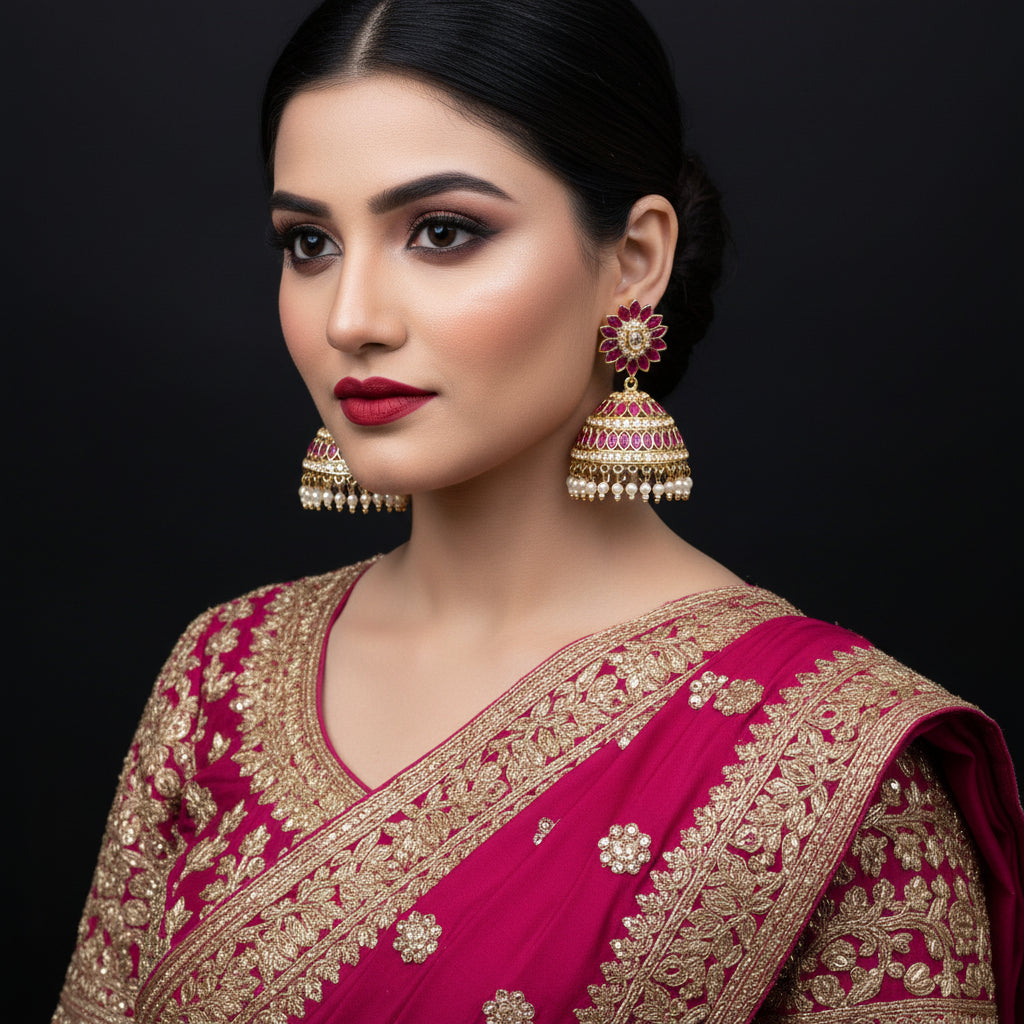 Ornate earrings with pink and gold design on a black background, featuring the brand 'Saheli'.