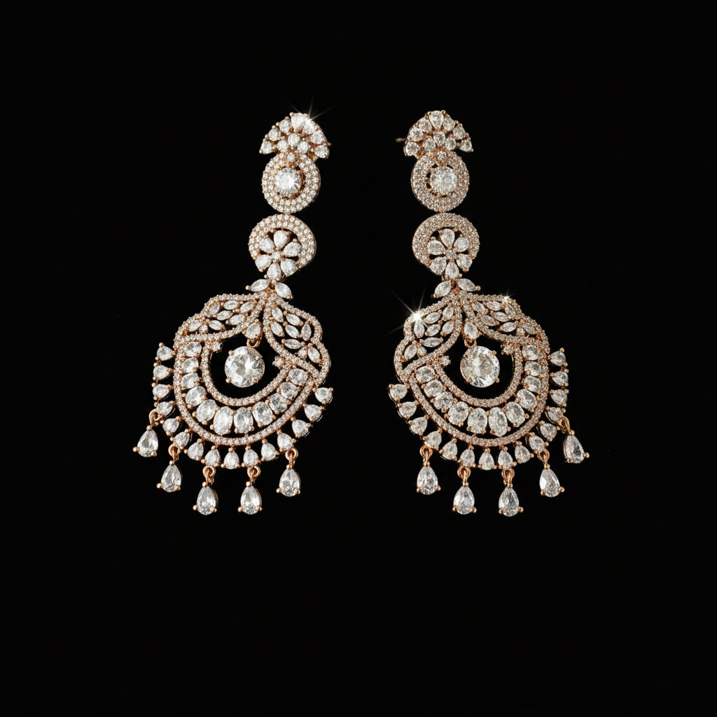 Pair of ornate diamond earrings on a dark background