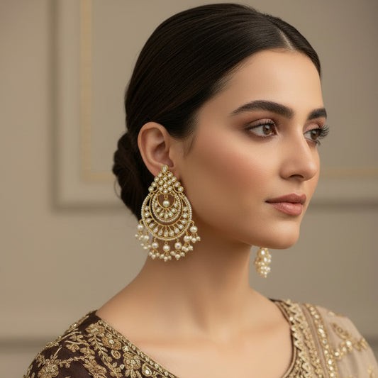 Ornate gold and pearl earrings on a dark background