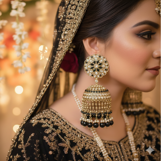 Woman wearing traditional jewelry with a blurred decorative background