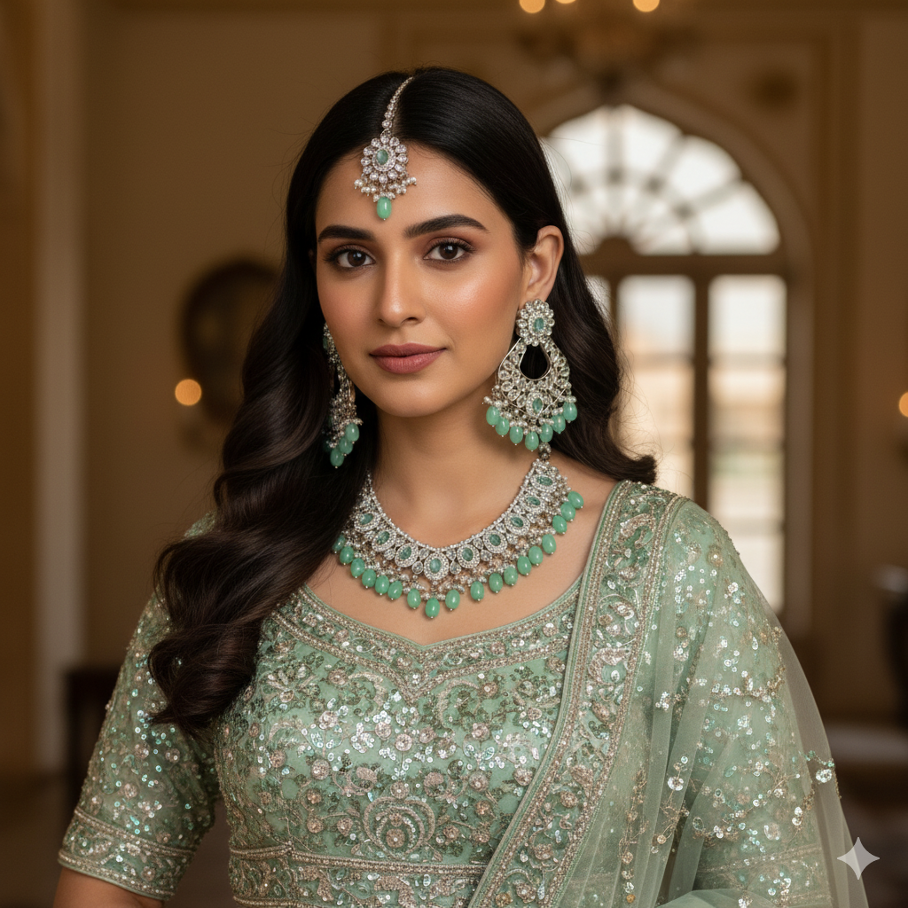 Woman wearing traditional green and silver jewelry set in an elegant indoor setting
