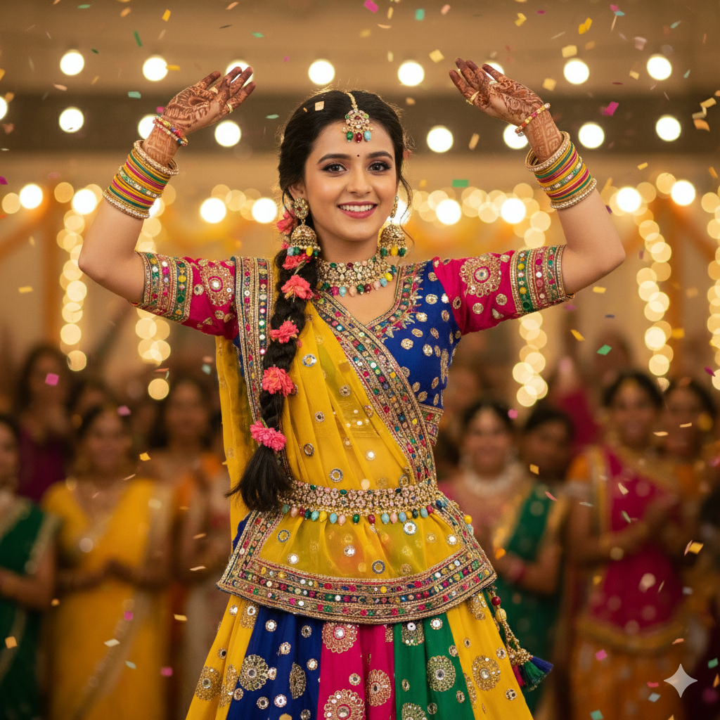 Woman in traditional Indian attire with colorful jewelry and a festive background