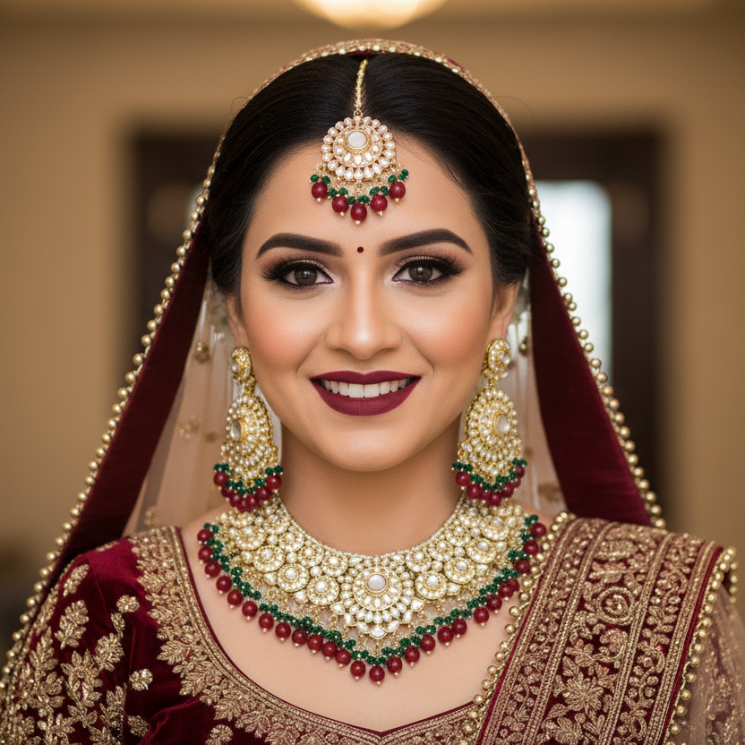 Woman in traditional bridal attire with jewelry and a veil.