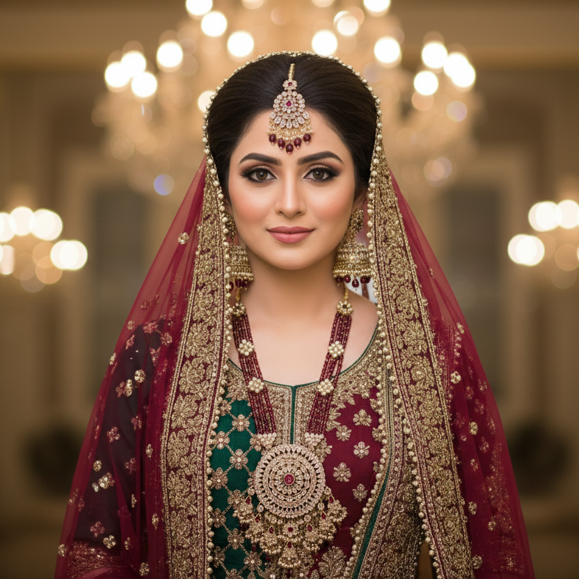Woman in traditional bridal attire with jewelry in a decorated indoor setting