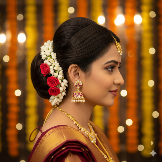 Woman in traditional attire with floral hairpiece and jewelry against a festive background