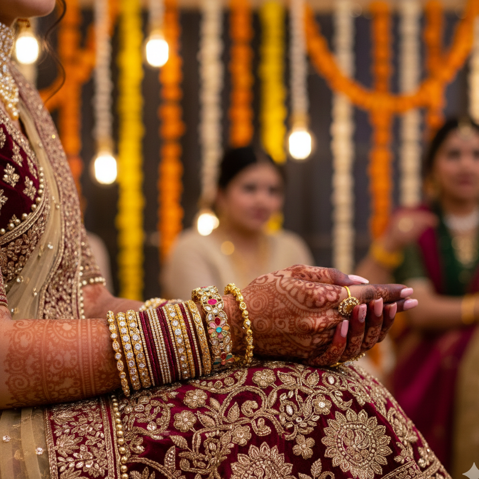 Close-up of a person's hands with intricate henna designs and jewelry, blurred background with decorative lights and people.