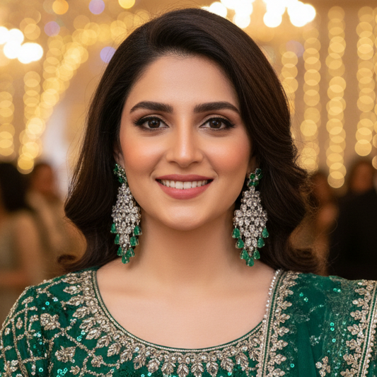 Woman in a green traditional outfit with jewelry in a festive indoor setting