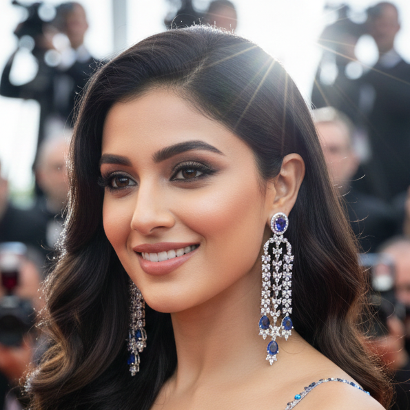 Woman in a sparkling dress with photographers in the background