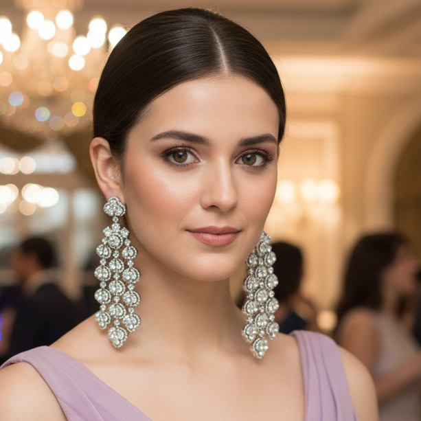 Woman wearing elegant earrings in a formal setting with blurred people in the background
