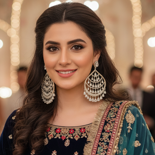 Woman in traditional embroidered outfit with jewelry in a festive setting