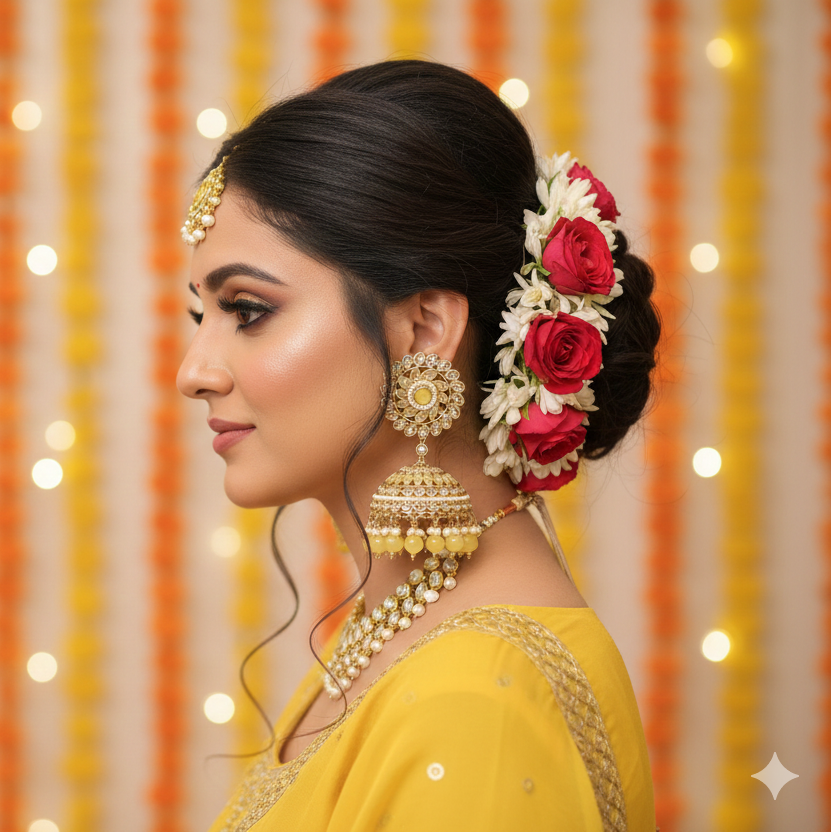 Woman in a yellow traditional outfit with floral hairpiece against a festive background