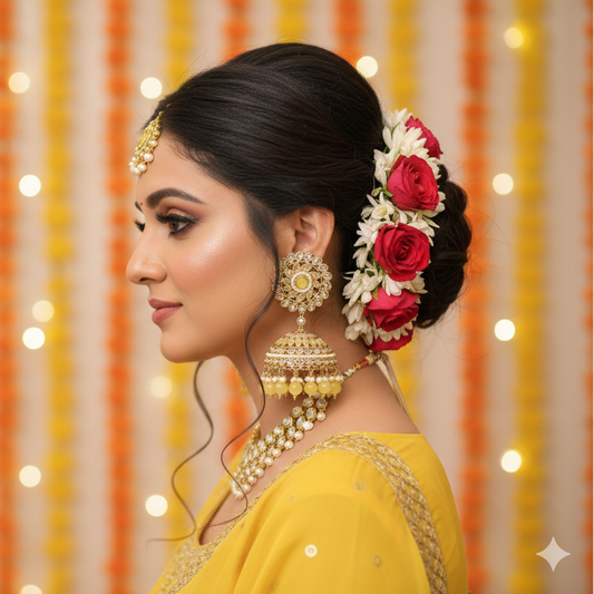 Woman in a yellow traditional outfit with floral hairpiece against a festive background