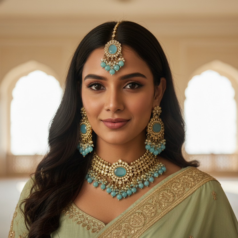 Woman wearing traditional jewelry in a decorative interior setting