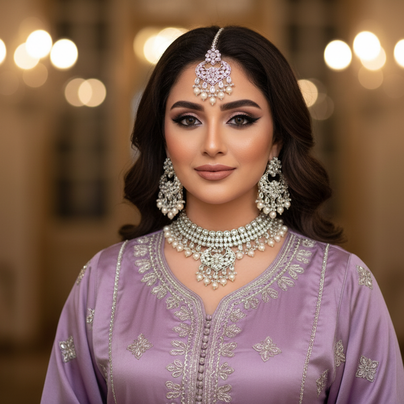 Woman in a purple traditional outfit with silver jewelry against a blurred background