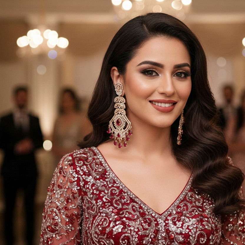 Woman in a red and silver embroidered dress with jewelry in an elegant indoor setting.