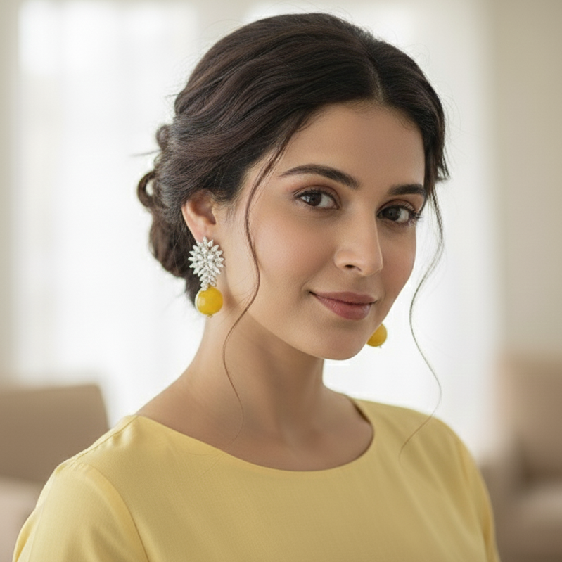 Woman wearing yellow earrings and a yellow top in a blurred indoor setting