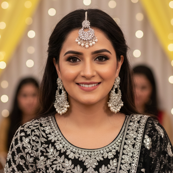 Woman in traditional attire with decorative background