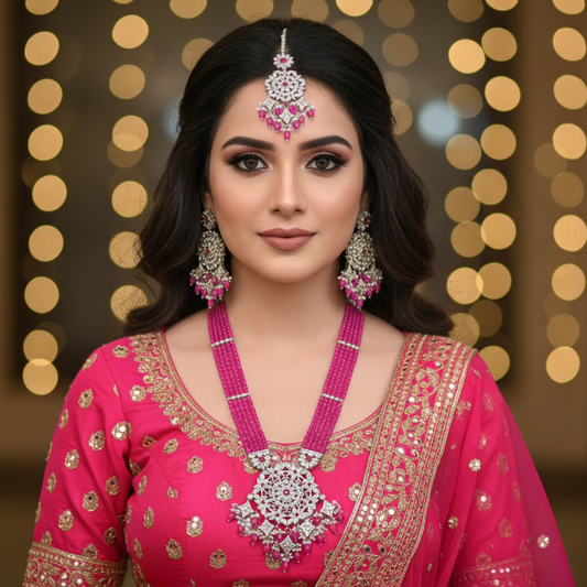 Woman in a pink traditional outfit with jewelry against a blurred light background