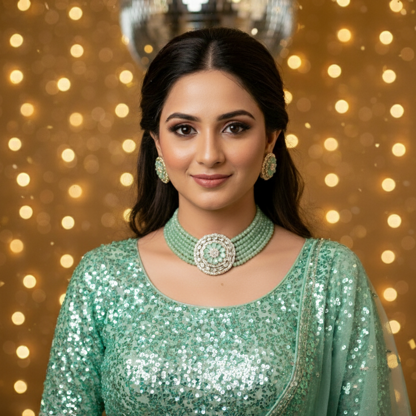 Woman in a green sequined outfit with jewelry against a gold string light background
