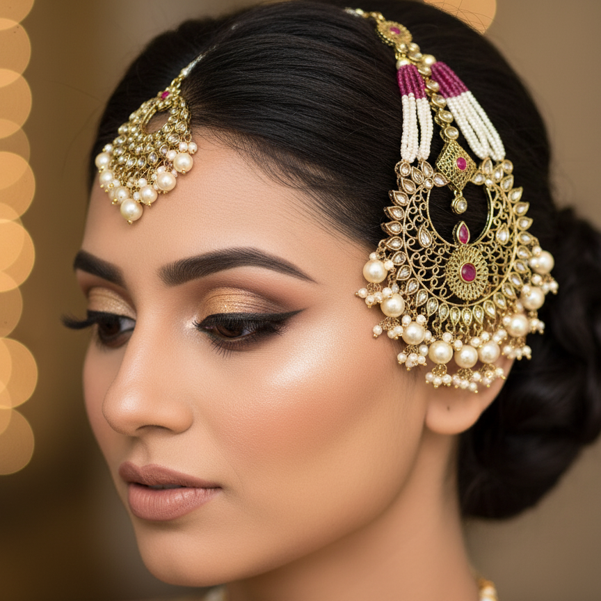 Woman wearing elaborate gold and pearl headpiece with blurred lights in the background