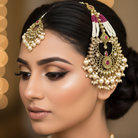 Woman wearing elaborate gold and pearl headpiece with blurred lights in the background